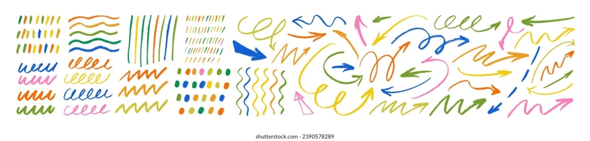 Colored charcoal arrows and doodle patterns collection. Pencil childish drawing elements. Naive playful abstract textures in doodle grunge style. Squiggles and curved arrows. Vector crayon lines.