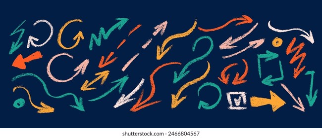 Colored charcoal arrows and doodle patterns collection. Pencil childish drawing elements. Naive playful abstract textures in doodle grunge style. Squiggles and curved arrows. Vector crayon lines.
