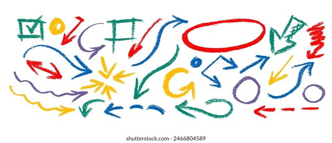 Colored charcoal arrows and doodle patterns collection. Pencil childish drawing elements. Naive playful abstract textures in doodle grunge style. Squiggles and curved arrows. Vector crayon lines.
