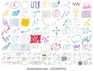 Colored charcoal arrows icons. Hand drawn freehand different curved lines, swirls arrows. Vector doodle marker drawing, chalk smears. Direction pointers. High quality textured scribbles and scrawls.