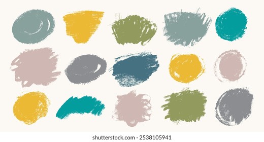 Frotis audaces de carbón de colores, conjunto de Formas de pinceladas anchas. Boceto de garabato de Vector dibujado a mano. Formas sencillas para niños para Anuncios. Boceto de lápiz de carbón con textura de ruido. Manchas coloridas secas sobre lienzo.