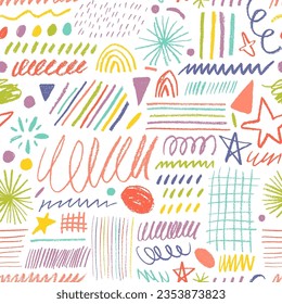 Colored charcoal doodle shapes and lines seamless pattern. Childish doodle shapes background with pencil grid, curly lines, swirls, grid, stars and sparkles. Trendy texture design with basic strokes.