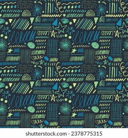 Colored charcoal doodle shapes and lines seamless pattern. Childish doodle shapes background with pencil grid, curly lines, swirls, grid, stars and sparkles. Trendy texture design with basic strokes.