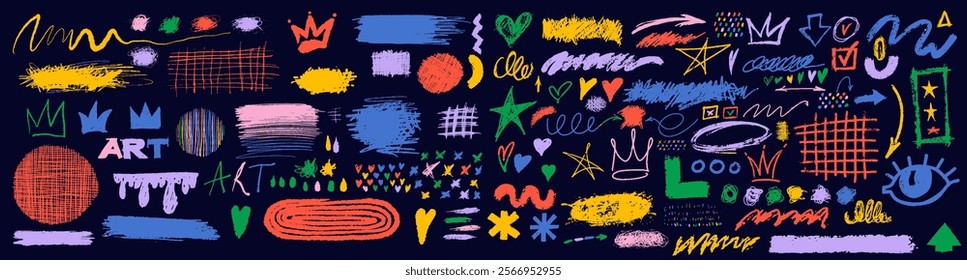 Colored charcoal graffiti doodle punk and girly shapes. Set of colorful hand drawn abstract, squiggles, creative shapes, pencil drawn icons. Vector design scribbles, scrawls, curly lines, stars, crown