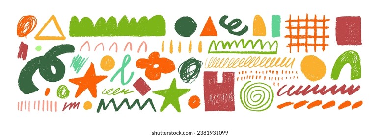 Colored charcoal quirky bold lines and doodle shapes. Various pencil line thickness, crayon curly lines and squiggles, wide strokes. Hand drawn collection of different scribbles and brush strokes.