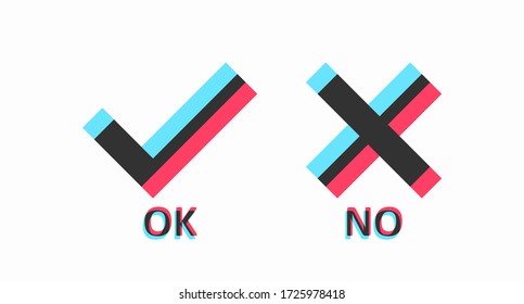 A colored check mark and cross symbolizing a positive and negative response. Concept of response options in questionnaires, websites, and businesses. Social media elements. Vector illustration