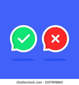 colored check marks bubble like dos or donts. cartoon trendy modern simple done logotype graphic set ui design illustration isolated on blue background. concept of learning review or info mistakes