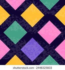 Colored checkerboard pattern. Bright colors vector pattern with dry brush texture suitable for fashion, wallpapers. Unusual print with multicolored checks.