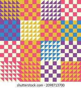 Colored checkerboard pattern from multicolored mosaic. Vector of checker-type blocks creating a decor pattern.