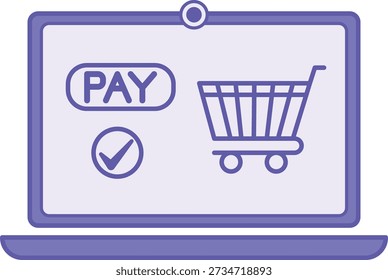Colored Checkout Icon. Vector Illustration. Laptop, Shopping Cart, and Payment Button. Purchasing an Item in an Online Store. Payment Concept