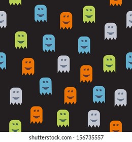 Colored cheerful ghosts on dark background.