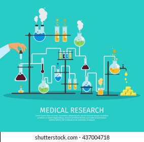 Colored chemistry lab flat poster with hand that holds the pipette conducting an experiment vector illustration