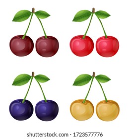colored cherries on a white background. Berries with stems and green leaves.