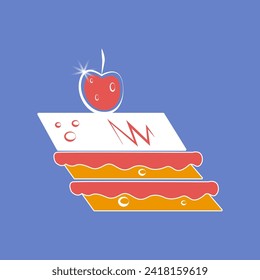 A colored cherry cake icon outlined with a white line on a blue background. Vector illustration.eps