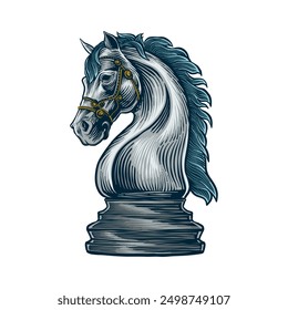 colored chess horse illustration in engraving style