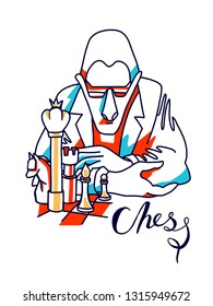 Colored chess players sitting with chess figures vector illustration in engraved style isolated on white background.