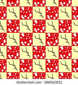 Colored chess seamless pattern of floral motifs, doodles, brown branch and red squares. Hand drawn endless ornate.