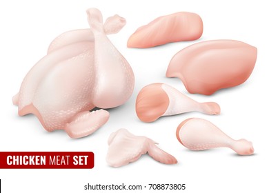 Colored Chicken Meat Icon Set With Different Parts Of Chicken Carcass Separated And Chopped Vector Illustration