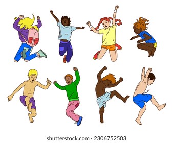 Colored child jumping set. Happy kids playing.