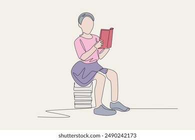 Un niño coloreado leyendo un libro se sienta en una pila de libros. Dibujo de una línea de concepto preescolar