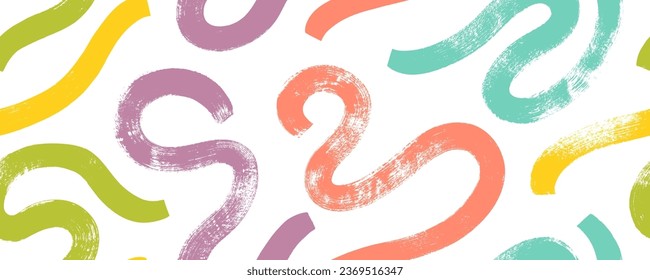 Colored childish scribble wallpaper print with squiggles and wavy bold lines. Brush drawn curved strokes and marker wavy lines. Biological rough smears seamless banner design. Geometric pattern.