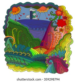 Colored childlike illustration of a miracle landscape with many curls and curvy lines. Can be used in publishing, children rooms decoration, books and magazines augmentation.