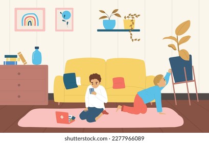 Colored children dangerous situations flat composition two young children sitting in the room doing dangerous things trying to turn over flower pot and playing with medicine vector illustration