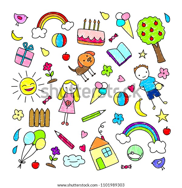 Colored Children Drawings Pattern Kids Animals Stock Vector Royalty Free 1101989303