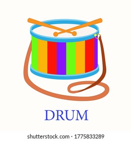 Colored children drum with two wooden sticks and a belt on a white background. Musical instrument, drum machine. Flat vector illustration