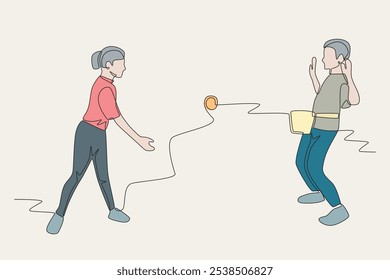 Colored children playing throwing ball. Children games concept one-line drawing