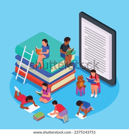 Colored children reading learning drawing isometric concept kids sit on an abstract stack of books and read vector illustration