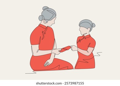 Colored children receiving red envelopes concept one-line drawing