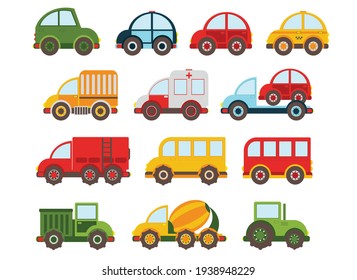 colored children's cars (police, taxi, truck, ambulance, ambulance, tractor, concrete mixer, tow truck), vector flat illustration 