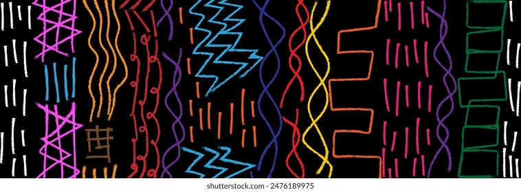 Colored children's seamless doodles on a black background.
