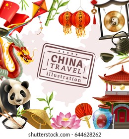 Colored china travel frame background with famous attractions and elements of traditional Chinese culture vector illustration