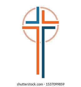 Colored Christian cross icon. Vector illustration. Abstract linear Christian cross on white background.