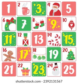Colored christmas advent calendar with different traditional objects Vector illustration
