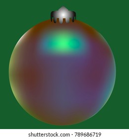 Colored Christmas ball. Christmas tree toy for invitation, card, celebration, party, carnival, festive holiday and Your project. Vector illustration. Green Background