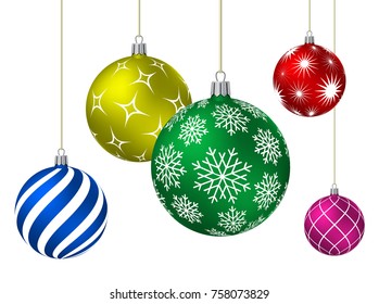 Colored christmas balls with different patterns on white. Vector illustration.