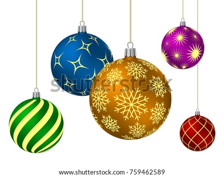 Colored christmas balls with different patterns on white. Vector illustration.