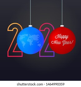 Colored Christmas Balls on Black Background. Merry Christmas and Happy New Year 2020 Background, Template. Christmas Greeting Card. Vector Illustration.