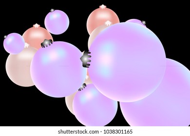 Colored Christmas balls pattern. Abstract Christmas tree toys Background for invitation, card, celebration, party, carnival, festive holiday and Your project. Vector illustration. Black Background