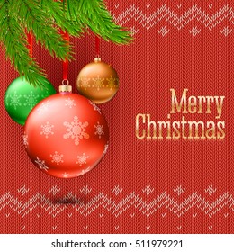 Colored Christmas balls, pine branches and gold metal letters Merry Christmas with reflections and glare. 3D illustration, template, blank greeting cards with new year and Christmas
