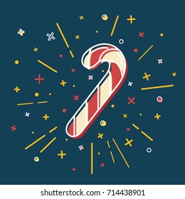 Colored Christmas candy cane icon in thin line style. Traditional sweet symbol isolated on blue background.