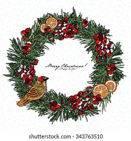 colored Christmas card with wreath, fir branches,citrus, berry on a white background, vector illustration