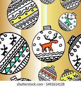 Colored christmas decor seamless pattern. Use for background, wrapping paper, covers, fabrics, postcards, stationery. Scandinavian decor on a gold background. Vector.