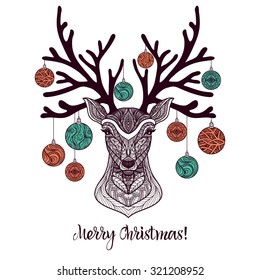 Colored christmas deer with ornament and decoration balls on antlers vector illustration