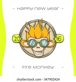 colored Christmas emblem with fiery monkey on a white background, hand-drawn