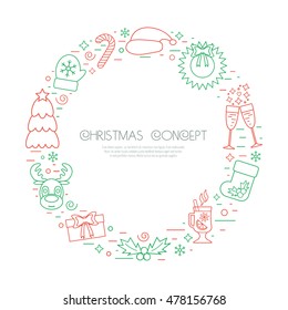 Colored Christmas holidays circle frame with traditional attributes in line style. Vector illustration