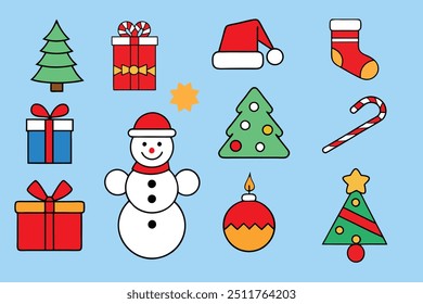 colored christmas icon set on blue background. vector graphics 